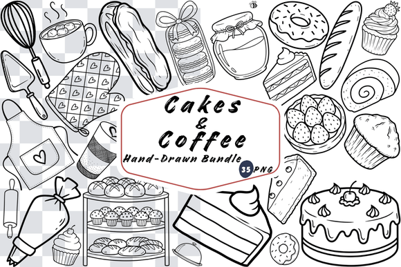 35 Cakes & Coffee Hand-Drawn PNGs for Cozy Designs