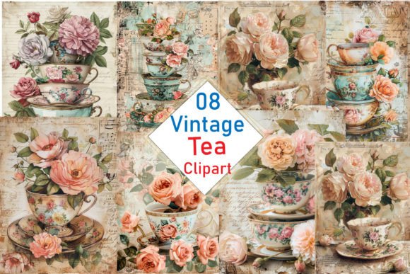 Charming Vintage Tea Cups with Flowers Clipart Set