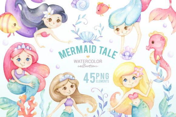 Cute Mermaid Watercolor Clipart for Magical Design Projects