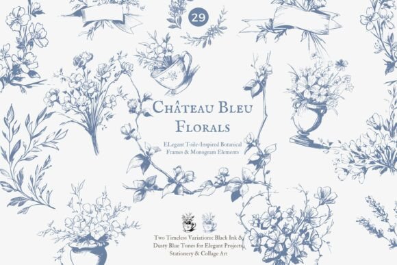 Elegant Blue Toile Floral Monogram Frames for Your Projects
