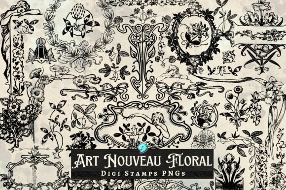 Elegant Botanicals: Art Nouveau Floral Digi Stamps Clipart