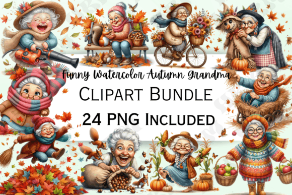 Embrace Autumn's Whimsy with Funny Watercolor Grandma Clipart