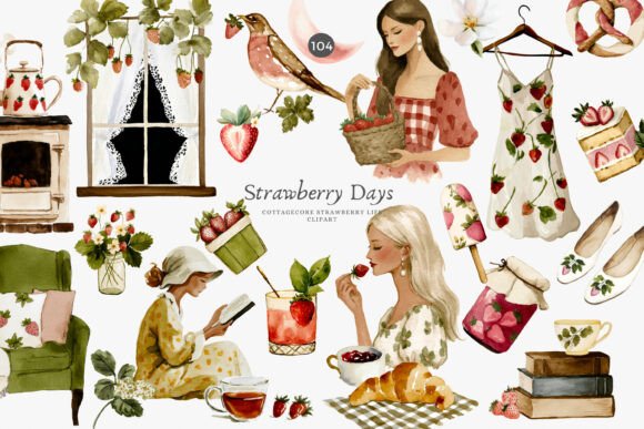 Embrace Nostalgic Charm: The Strawberry Clipart Cottagecore Png Set