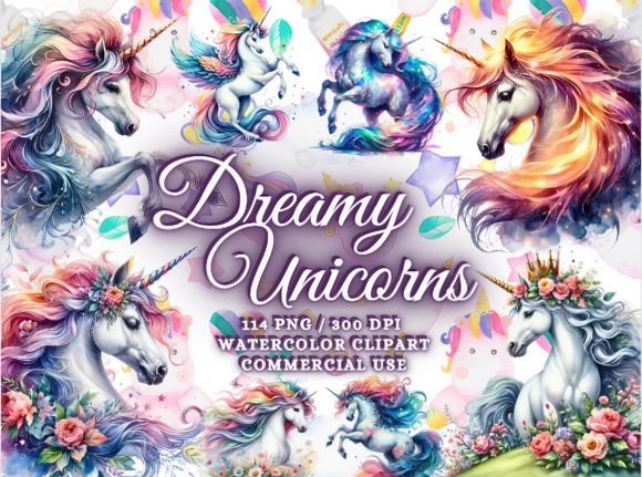 Enchant Your Designs with Watercolor Unicorns Clipart