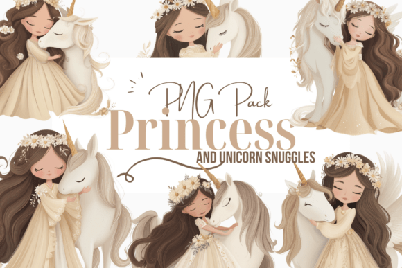 Enchanting Princess & Unicorn Snuggling PNG Clipart
