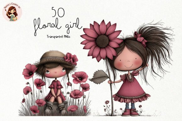 Floral Girl PNG Clipart Set: 50 Whimsical Watercolor Designs
