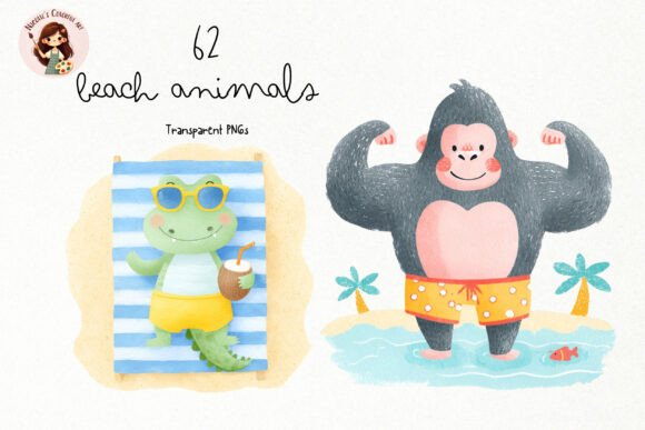 Whimsical Watercolor Charm: Using Cute Beach Animals PNG Clipart